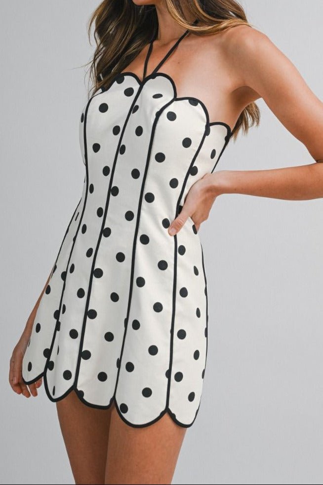 Polka Dot Scallop Trim Mini Dress - Lush Lemon - Women's Clothing - Mable - 48255731012157