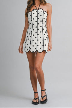 Polka Dot Scallop Trim Mini Dress - Lush Lemon - Women&