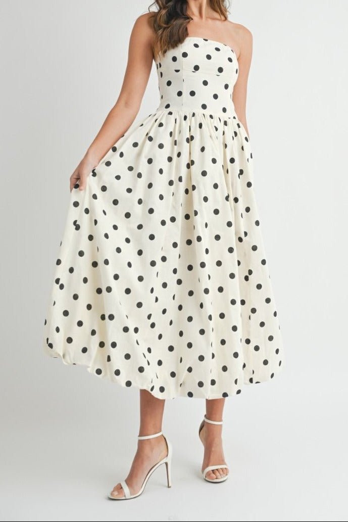Polka Dot Strapless Midi Dress - Lush Lemon - Women's Clothing - Mable - 25649631047709