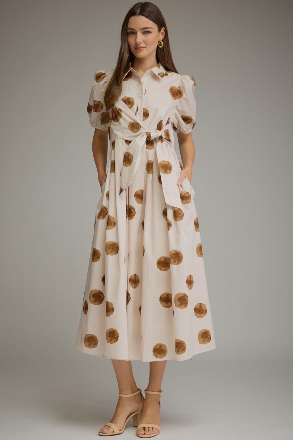 Polka Dot Tie Waist Midi Dress - Lush Lemon - Women's Clothing - Entro - 42326401009789