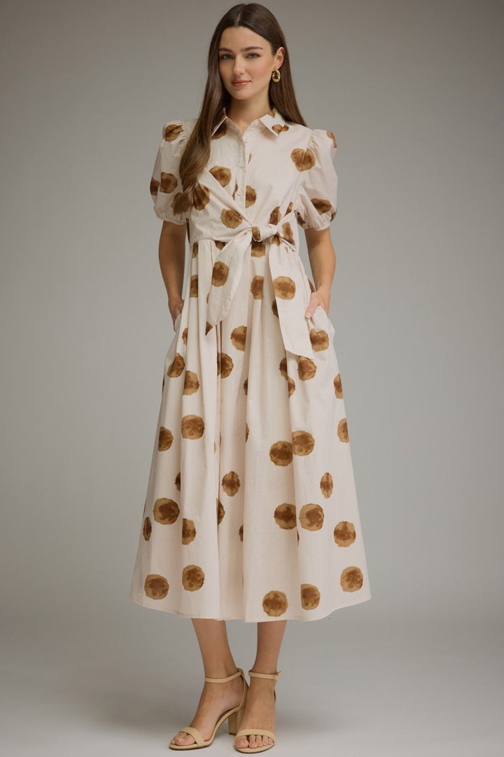 Polka Dot Tie Waist Midi Dress - Lush Lemon - Women's Clothing - Entro - 42326401009789