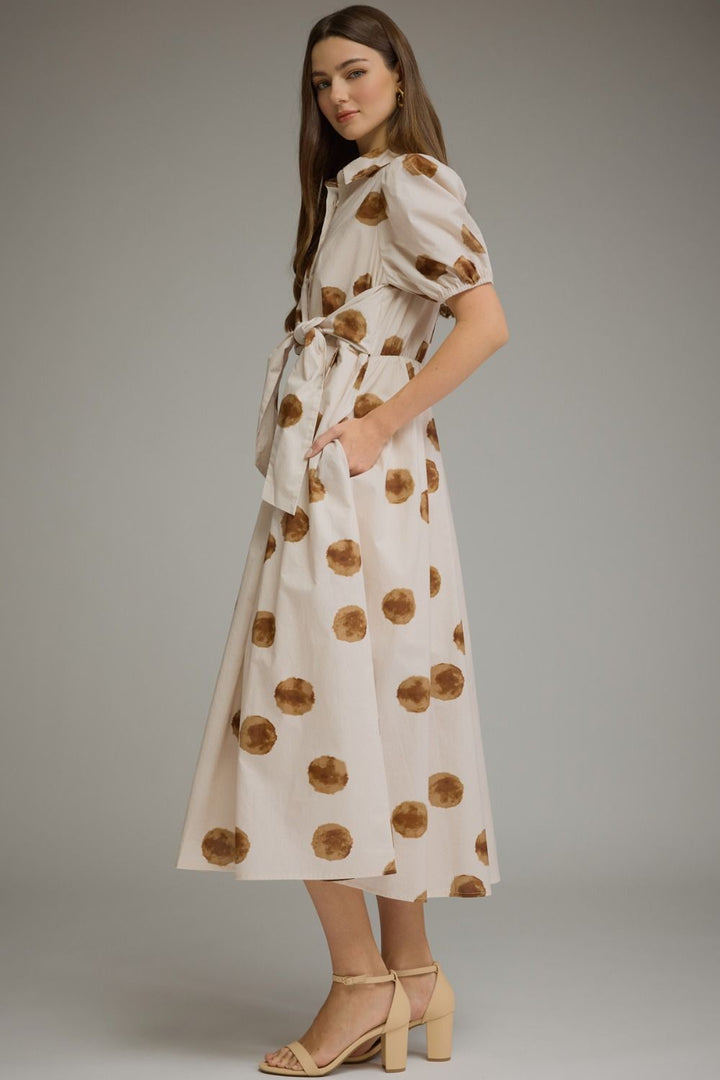 Polka Dot Tie Waist Midi Dress - Lush Lemon - Women's Clothing - Entro - 42326401009789