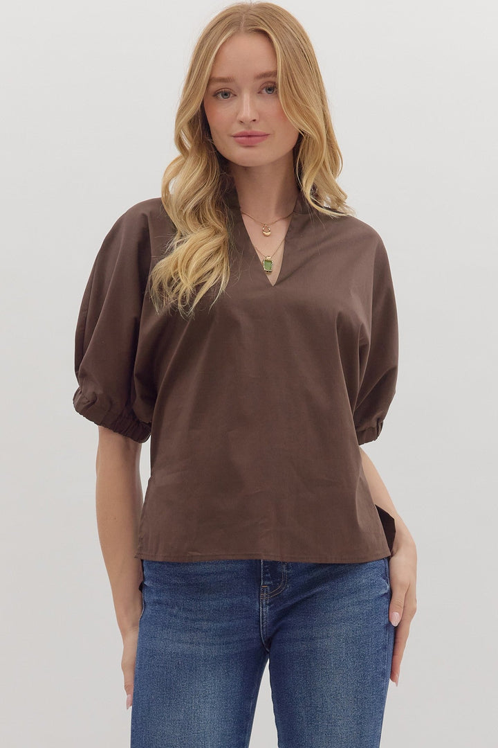 Poplin Puff Sleeve Split Neck Top - Lush Lemon - Women's Clothing - Entro - 41739521071517