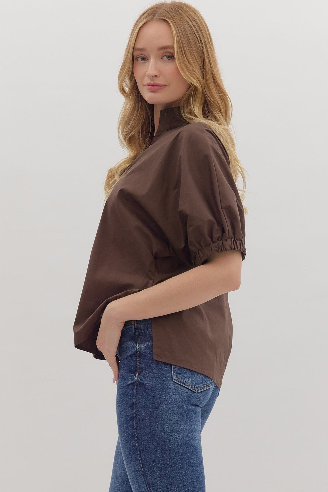 Poplin Puff Sleeve Split Neck Top - Lush Lemon - Women's Clothing - Entro - 41739521071517