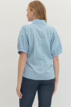 Poplin Puff Sleeve Split Neck Top - Lush Lemon - Women&