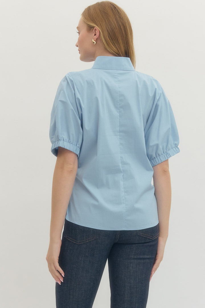 Poplin Puff Sleeve Split Neck Top - Lush Lemon - Women's Clothing - Entro - 41739521369821
