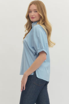 Poplin Puff Sleeve Split Neck Top - Lush Lemon - Women&