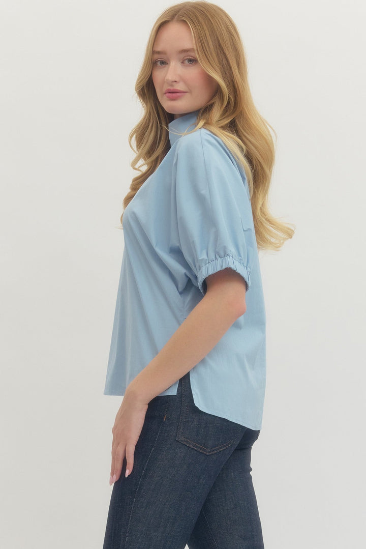 Poplin Puff Sleeve Split Neck Top - Lush Lemon - Women's Clothing - Entro - 41739521369821