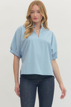 Poplin Puff Sleeve Split Neck Top - Lush Lemon - Women&