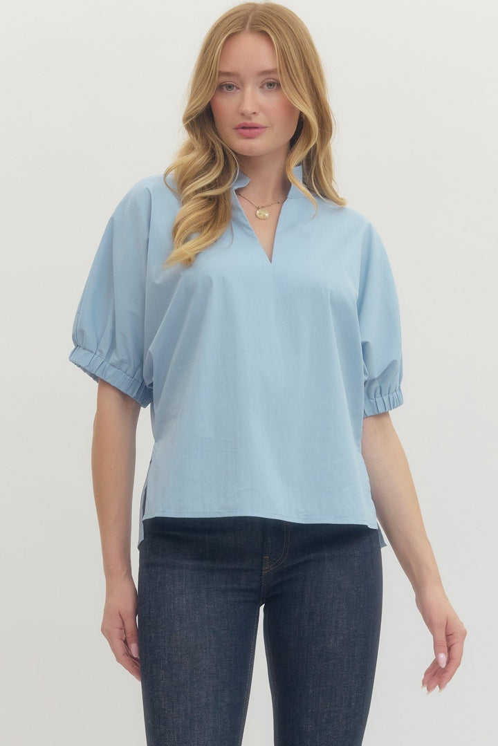 Poplin Puff Sleeve Split Neck Top - Lush Lemon - Women's Clothing - Entro - 41739521369821