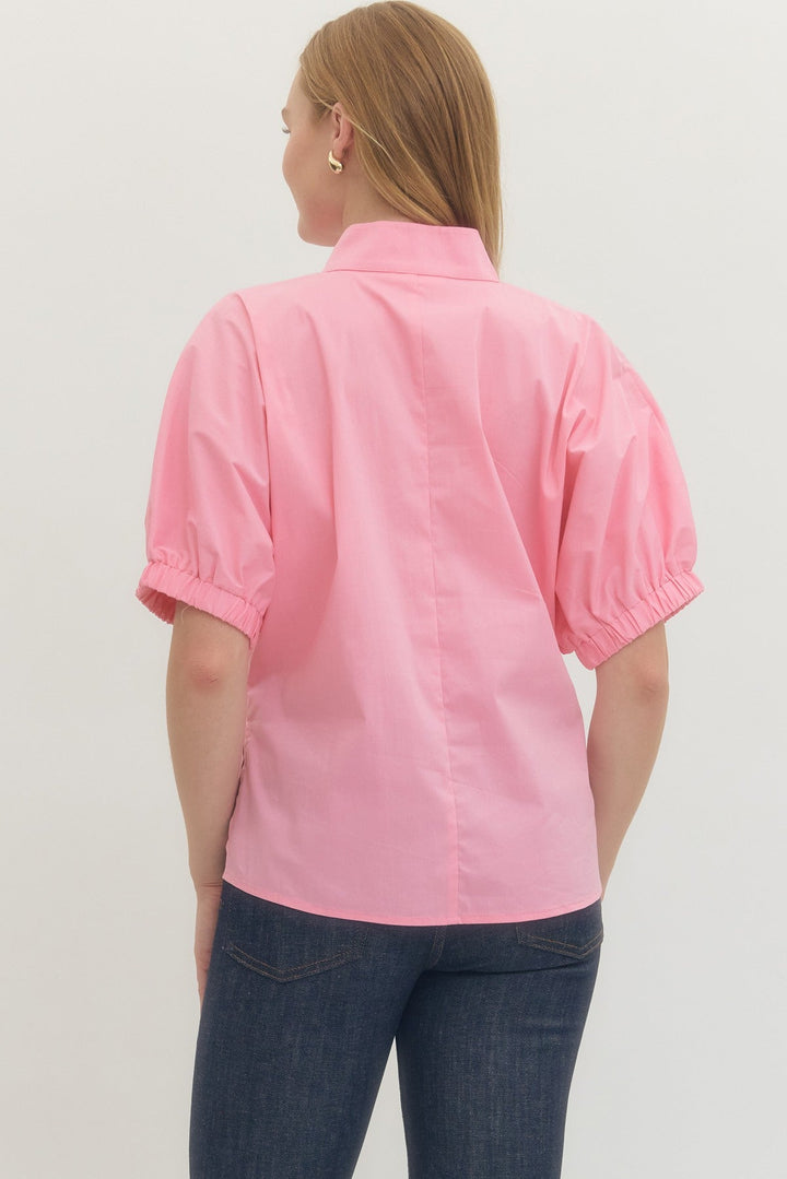 Poplin Puff Sleeve Split Neck Top - Lush Lemon - Women's Clothing - Entro - 41739521668125