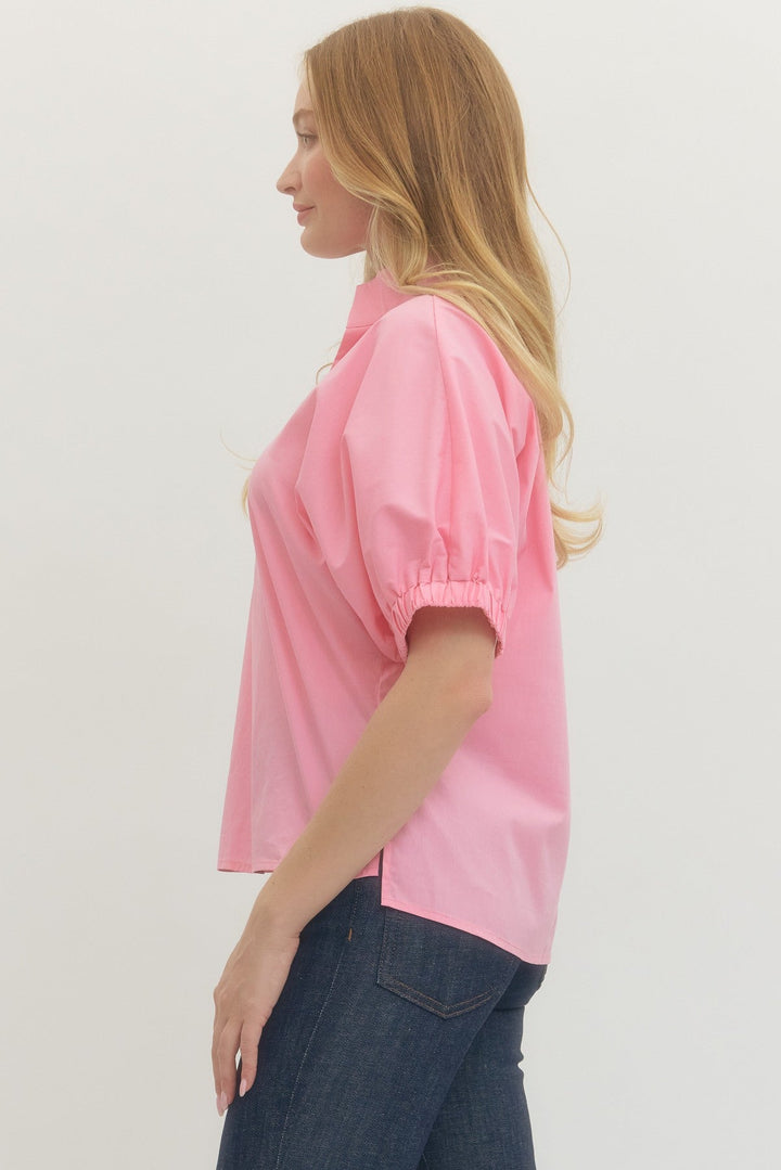 Poplin Puff Sleeve Split Neck Top - Lush Lemon - Women's Clothing - Entro - 41739521668125