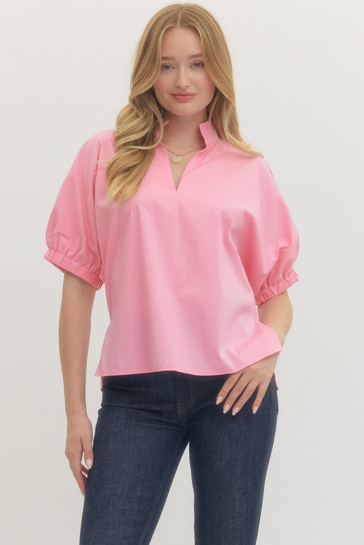 Poplin Puff Sleeve Split Neck Top - Lush Lemon - Women's Clothing - Entro - 41739521668125