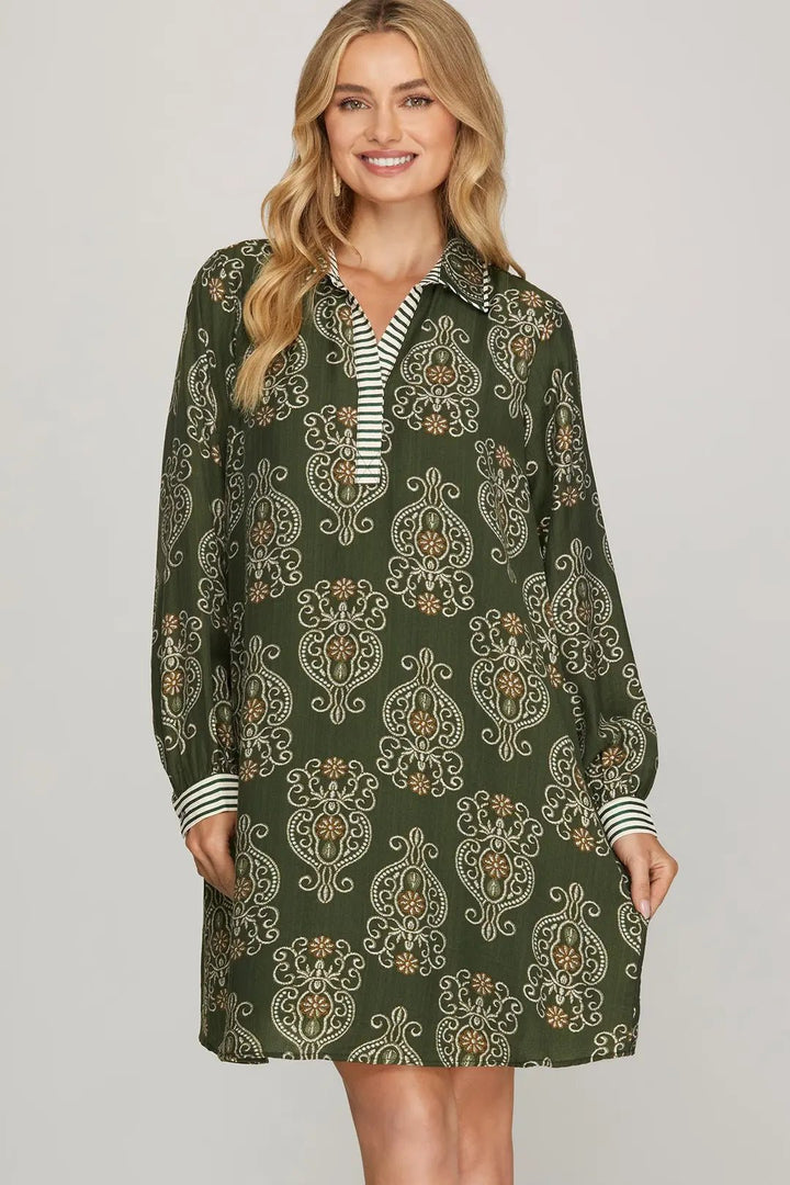 Printed Contrast Trim Mini Dress - Lush Lemon - Women's Clothing - She + Sky - 42985591080093