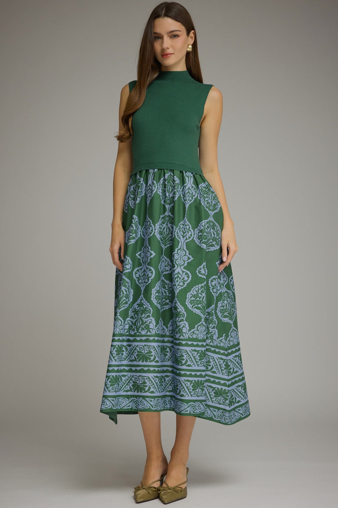 Printed Knit Bodice Midi Dress - Lush Lemon - Women's Clothing - Entro - 75043551064925