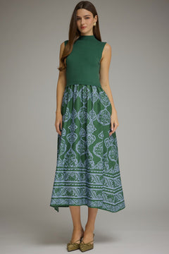 Printed Knit Bodice Midi Dress - Lush Lemon - Women&