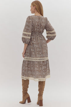 Printed Lace Trim Midi Dress - Lush Lemon - Women&