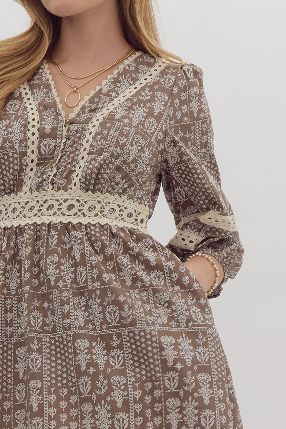 Printed Lace Trim Midi Dress - Entro - Lush Lemon Printed Lace Trim Midi Dress - Entro - Lush Lemon
