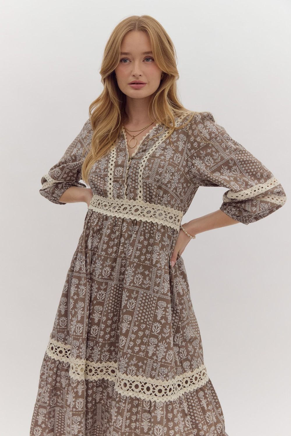 Printed Lace Trim Midi Dress - Entro - Lush Lemon Printed Lace Trim Midi Dress - Entro - Lush Lemon