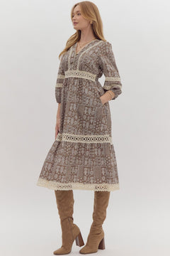 Printed Lace Trim Midi Dress - Lush Lemon - Women&