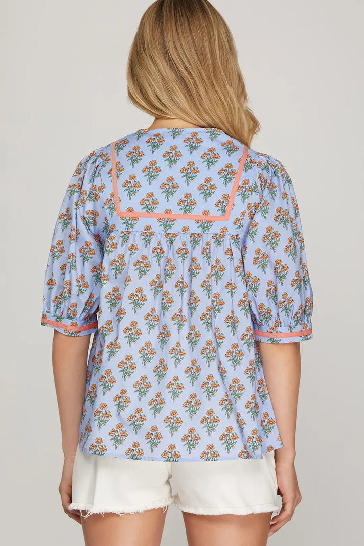Printed Puff Sleeve Top W/ Contrast Trim - Lush Lemon - Women's Clothing - She + Sky - 82677531029693