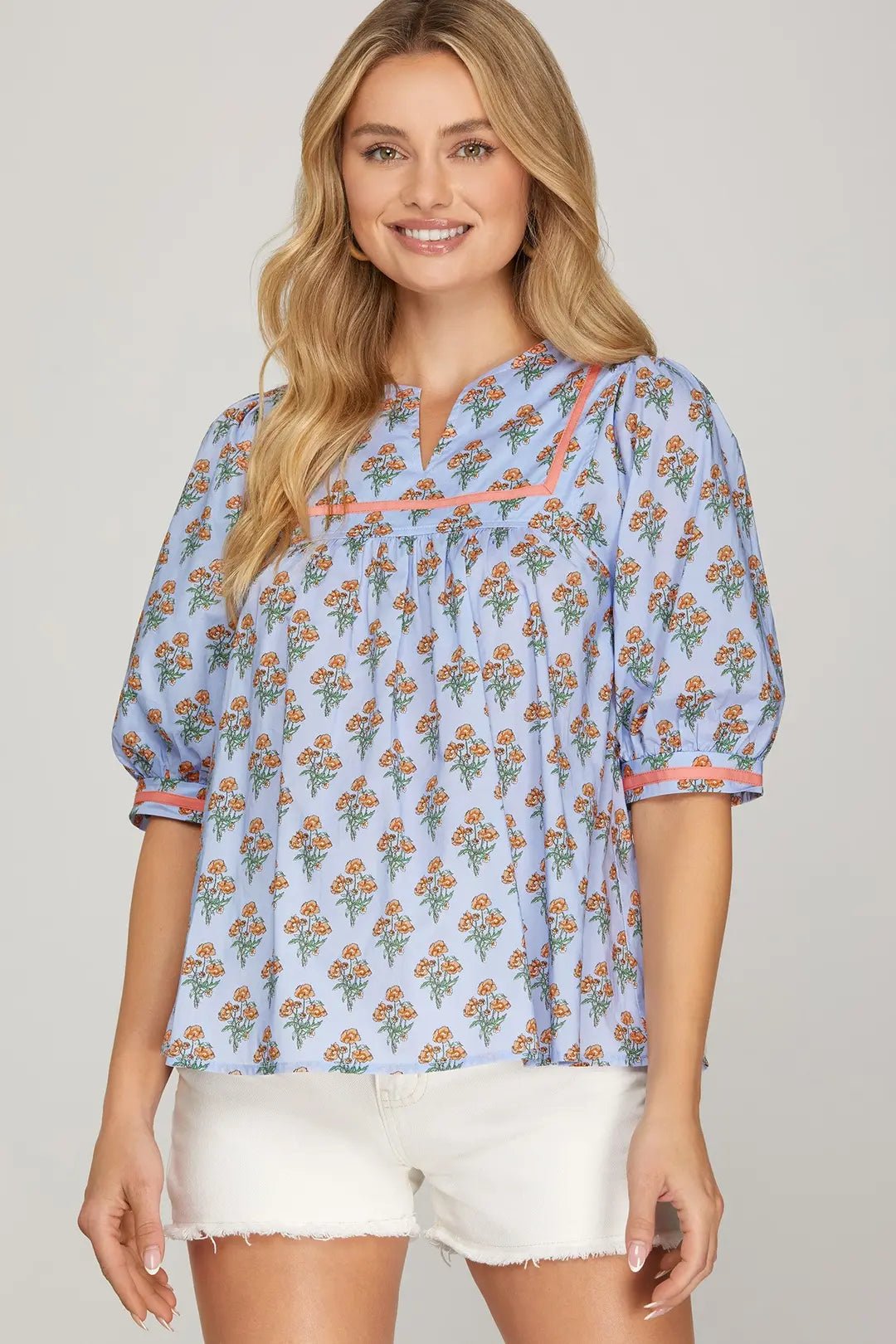 Printed Puff Sleeve Top W/ Contrast Trim - Lush Lemon - Women's Clothing - She + Sky - 82677531029693