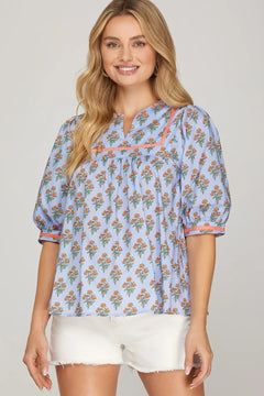 Printed Puff Sleeve Top W/ Contrast Trim - Lush Lemon - Women&