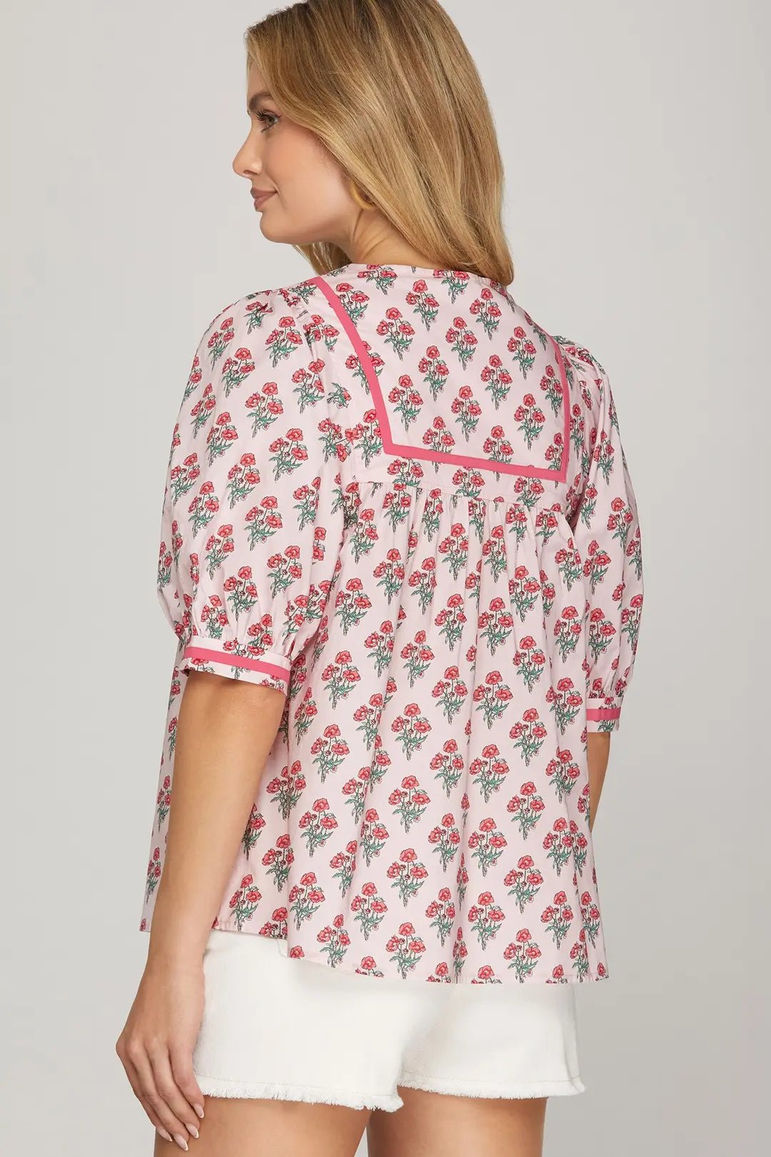 Printed Puff Sleeve Top W/ Contrast Trim - Lush Lemon - Women's Clothing - She + Sky - 82677531327997