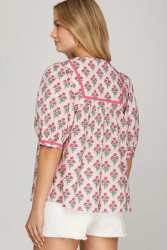Printed Puff Sleeve Top W/ Contrast Trim - Lush Lemon - Women&