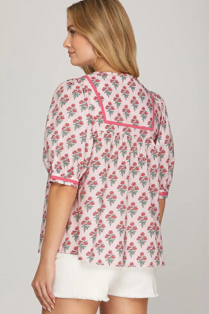 Printed Puff Sleeve Top W/ Contrast Trim - Lush Lemon - Women's Clothing - She + Sky - 82677531327997