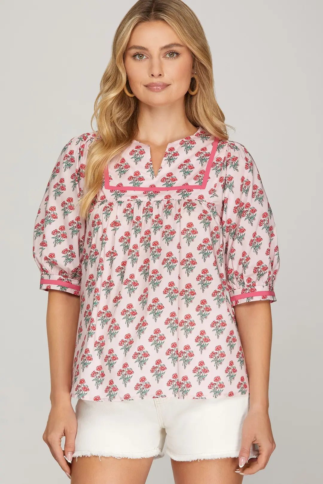 Printed Puff Sleeve Top W/ Contrast Trim - Lush Lemon - Women's Clothing - She + Sky - 82677531327997