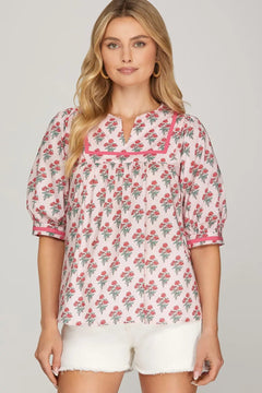 Printed Puff Sleeve Top W/ Contrast Trim - Lush Lemon - Women&