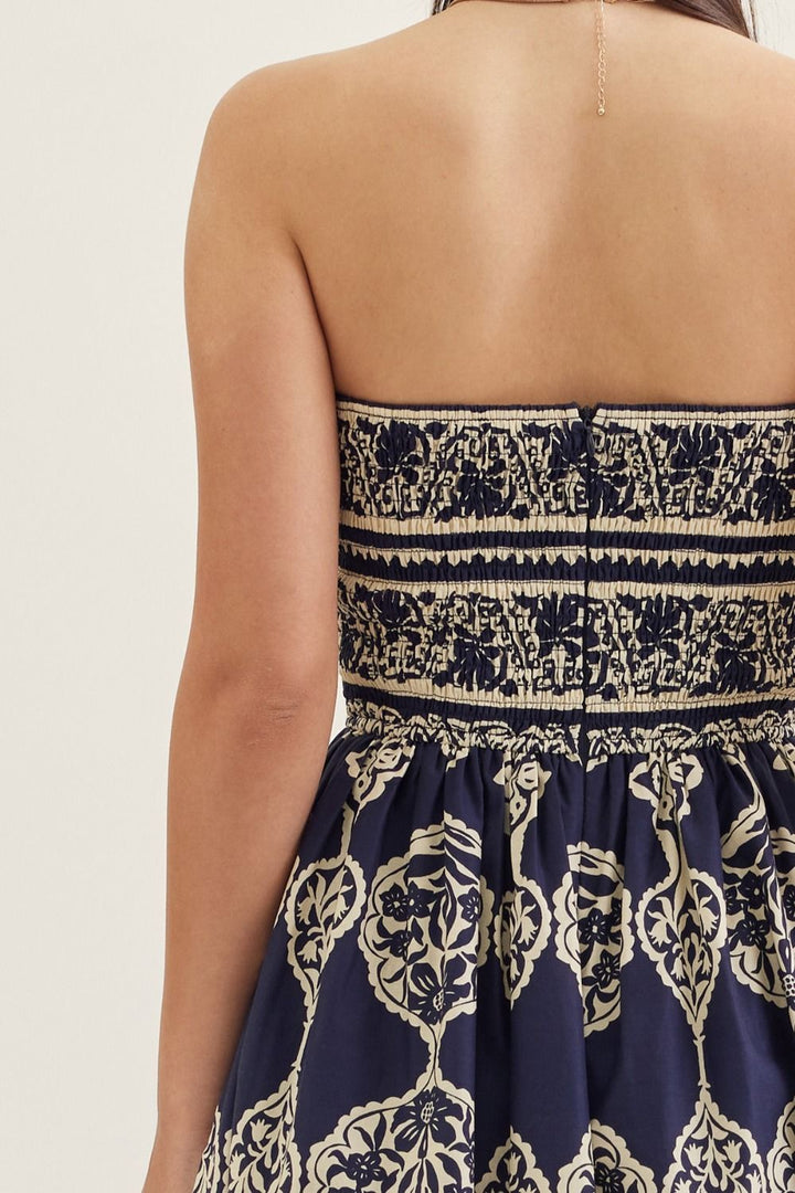 Printed Strapless Midi Dress W/ Smocked Back - Lush Lemon - Women's Clothing - Entro - 46154901088701