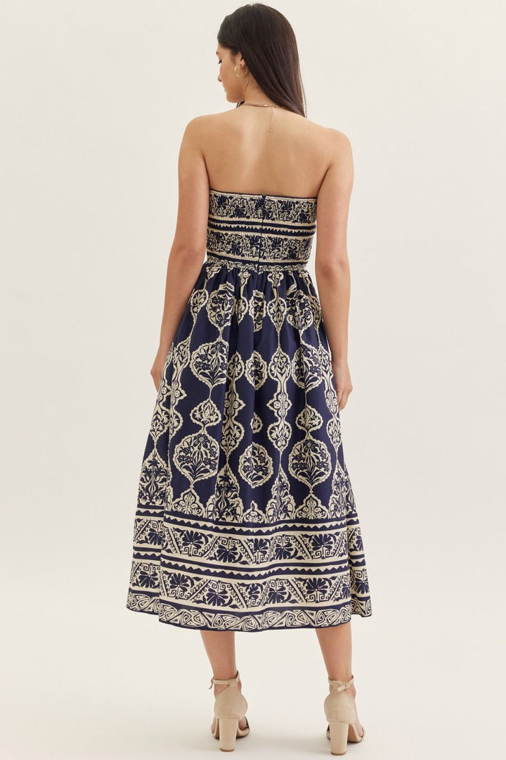 Printed Strapless Midi Dress W/ Smocked Back - Lush Lemon - Women's Clothing - Entro - 46154901088701