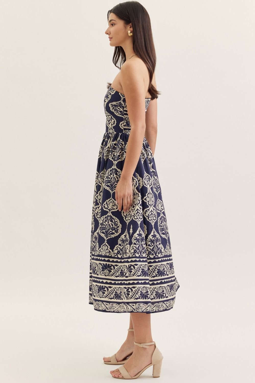 Printed Strapless Midi Dress W/ Smocked Back - Lush Lemon - Women's Clothing - Entro - 46154901088701