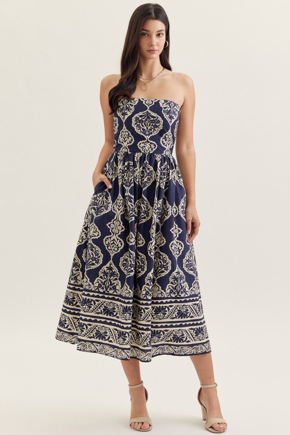 Printed Strapless Midi Dress W/ Smocked Back - Lush Lemon - Women's Clothing - Entro - 46154901088701