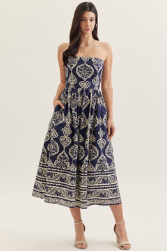 Printed Strapless Midi Dress W/ Smocked Back - Lush Lemon - Women&