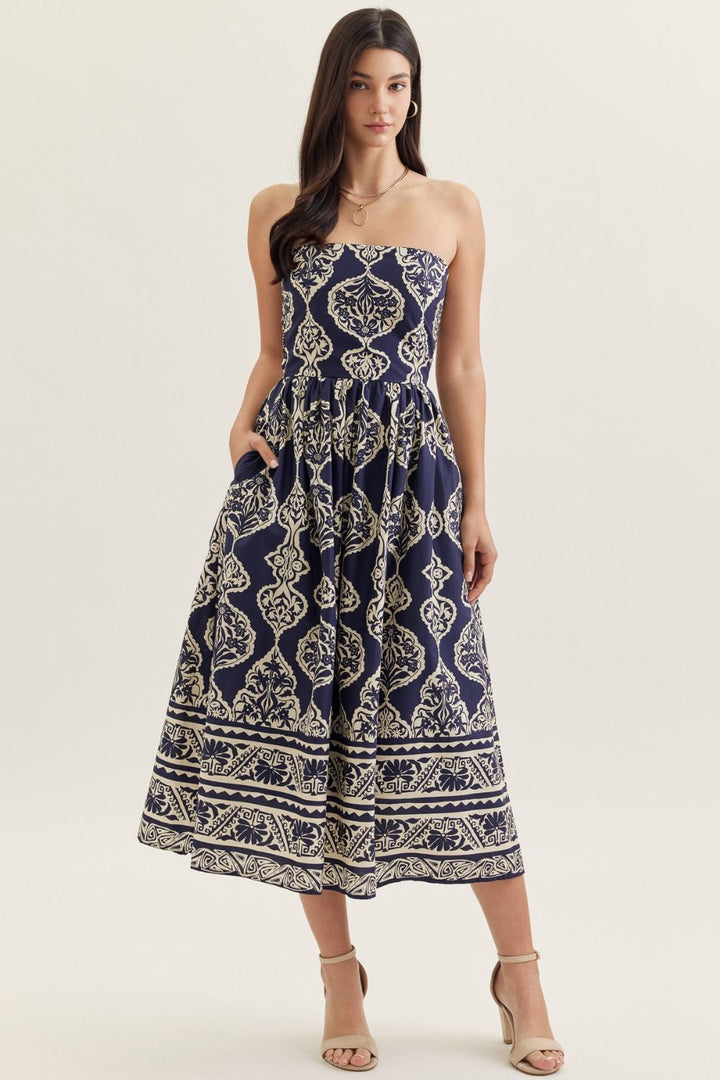Printed Strapless Midi Dress W/ Smocked Back - Lush Lemon - Women's Clothing - Entro - 46154901088701