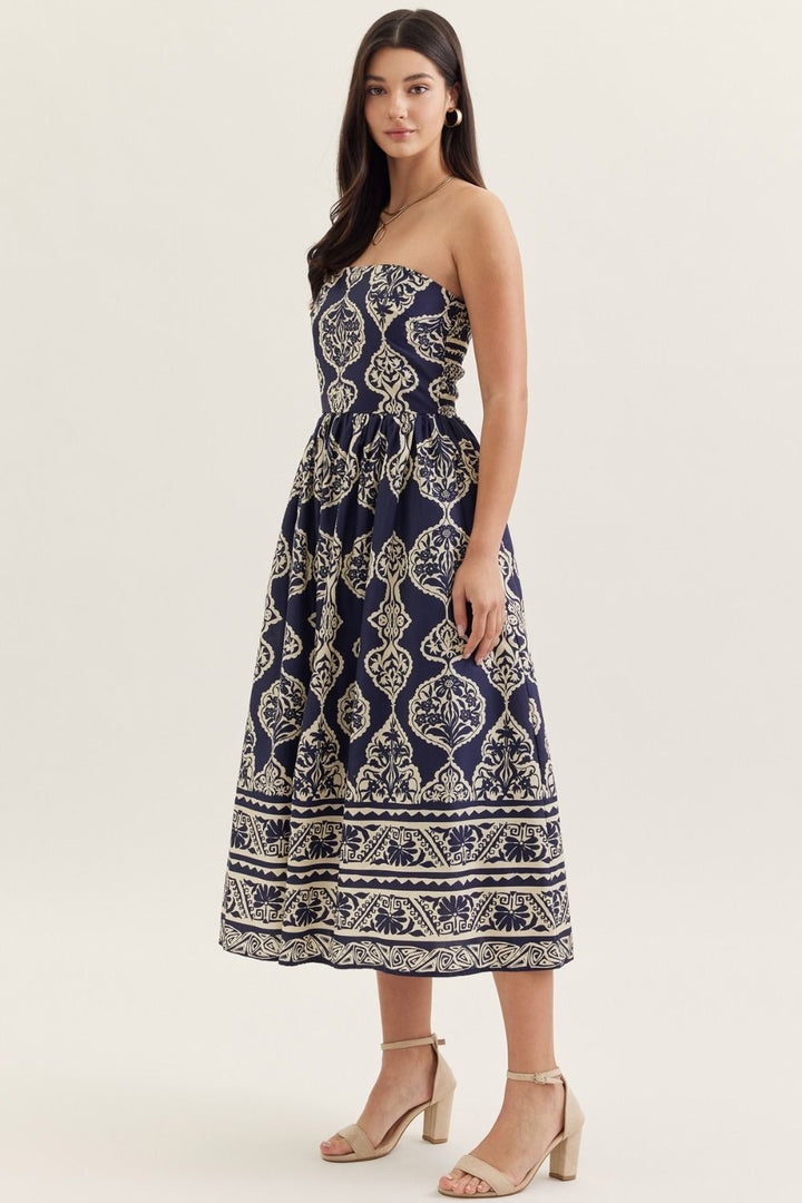 Printed Strapless Midi Dress W/ Smocked Back - Lush Lemon - Women's Clothing - Entro - 46154901088701