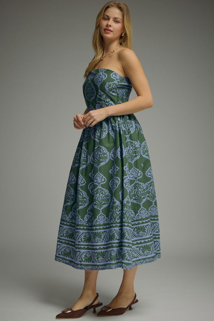 Printed Strapless Midi Dress W/ Smocked Back - Lush Lemon - Women's Clothing - Entro - 65666781023293