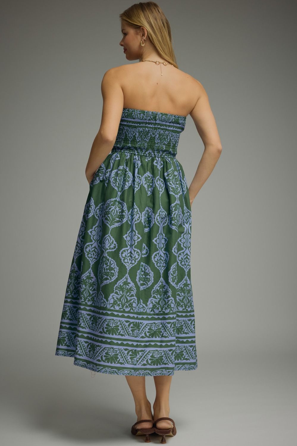Printed Strapless Midi Dress W/ Smocked Back - Lush Lemon - Women's Clothing - Entro - 65666781023293
