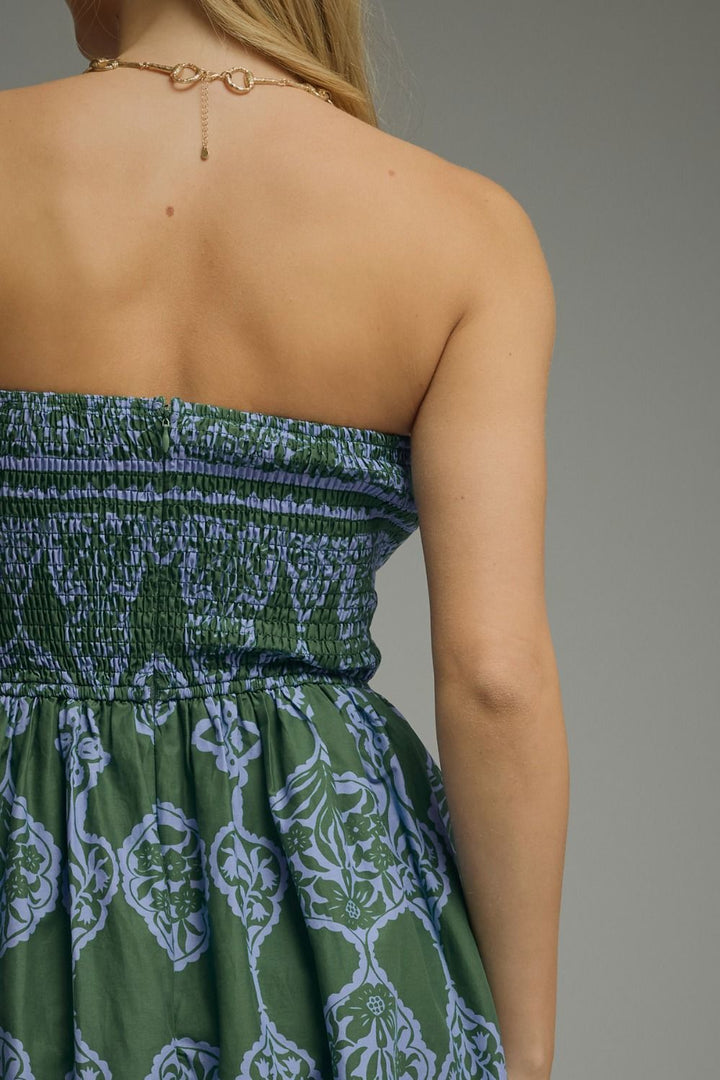 Printed Strapless Midi Dress W/ Smocked Back - Lush Lemon - Women's Clothing - Entro - 65666781023293