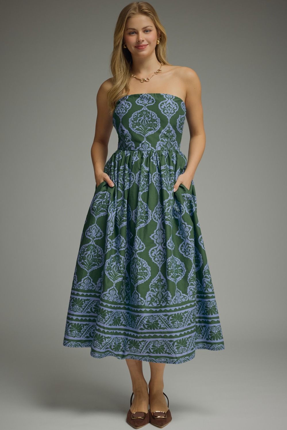 Printed Strapless Midi Dress W/ Smocked Back - Lush Lemon - Women's Clothing - Entro - 65666781023293