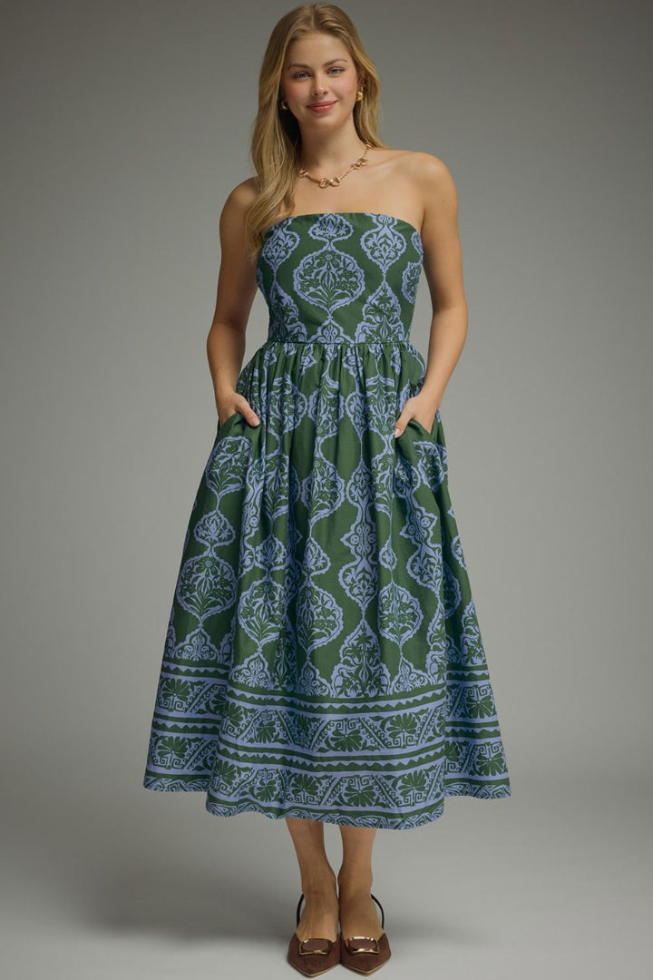 Printed Strapless Midi Dress W/ Smocked Back - Lush Lemon - Women's Clothing - Entro - 65666781023293