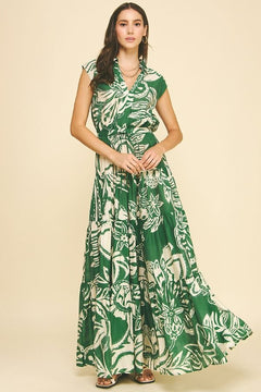 Printed V - Neck Maxi Dress - Lush Lemon - Women&
