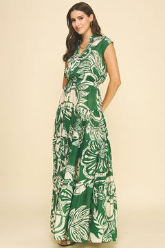Printed V - Neck Maxi Dress - Lush Lemon - Women&