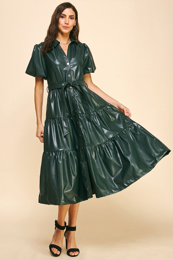 green pu dress PU Leather Tiered Midi Dress - Pinch
