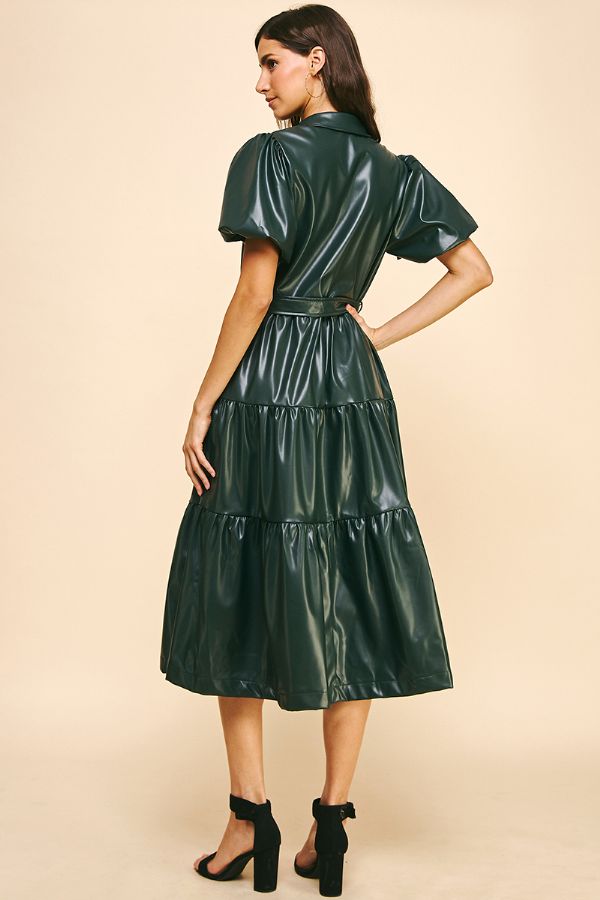 PU Leather Tiered Midi Dress - Pinch - Lush Lemon Hunter Green / L PU Leather Tiered Midi Dress - Pinch - Lush Lemon Hunter Green / L