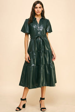PU Leather Tiered Midi Dress - Lush Lemon - Women&