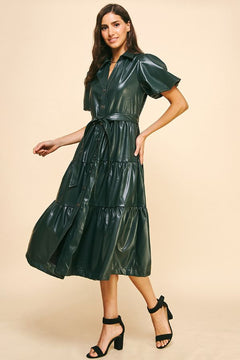 PU Leather Tiered Midi Dress - Lush Lemon - Women&